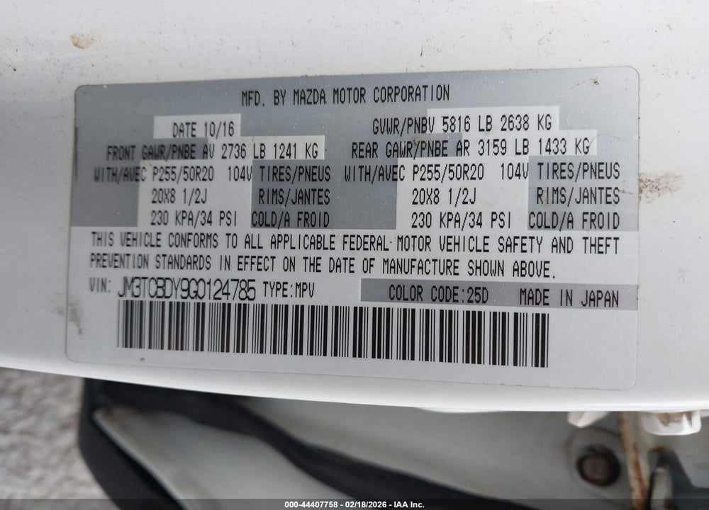 2016 MAZDA CX-9 GRAND TOURING VIN: JM3TCBDY9G0124785