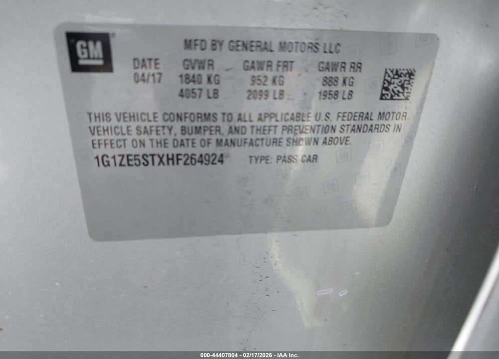 2017 CHEVROLET MALIBU 1LT VIN: 1G1ZE5STXHF264924