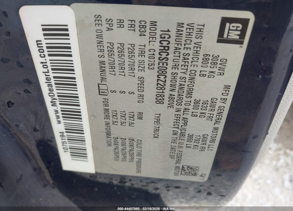 2012 CHEVROLET SILVERADO 1500 LT VIN: 1GCRCSE08CZ281838