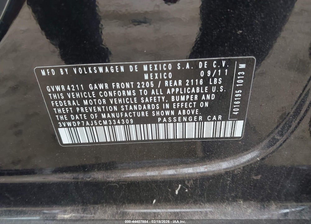 2012 VOLKSWAGEN JETTA 2.5L SE VIN: 3VWDP7AJ5CM334309