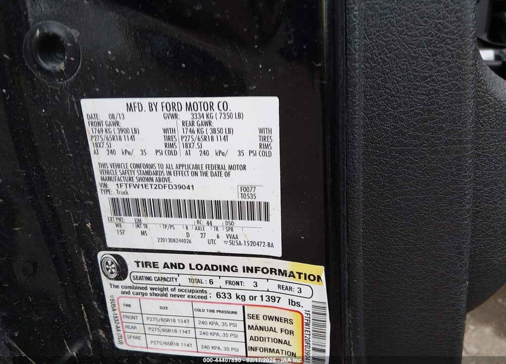 2013 FORD F150 SUPERCREW VIN: 1FTFW1ET2DFD39041