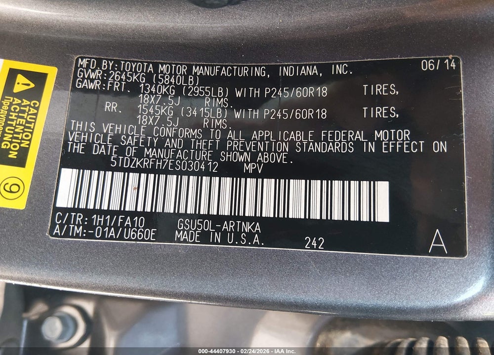 2014 TOYOTA HIGHLANDER LE PLUS V6 VIN: 5TDZKRFH7ES030412