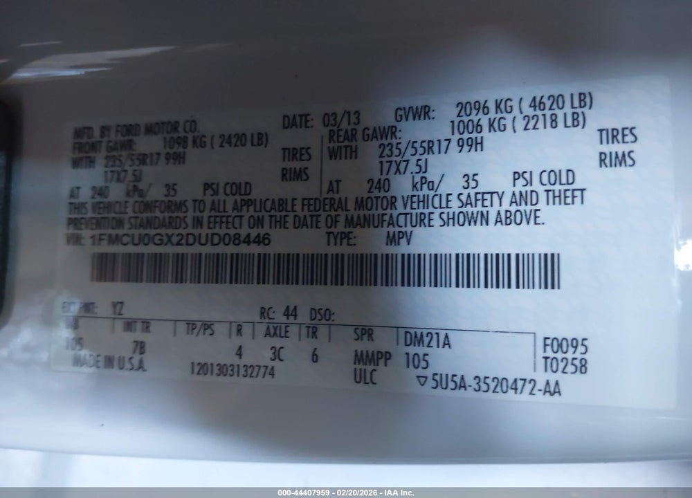 2013 FORD ESCAPE SE VIN: 1FMCU0GX2DUD08446