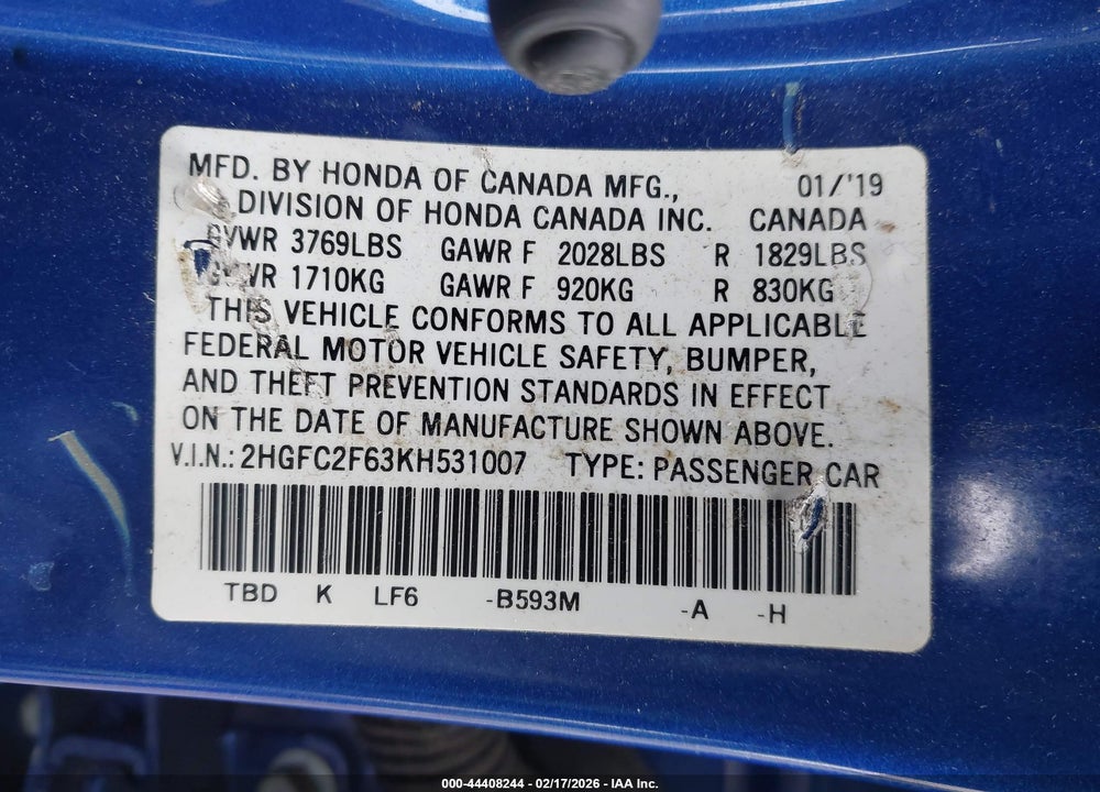 2019 HONDA CIVIC LX VIN: 2HGFC2F63KH531007