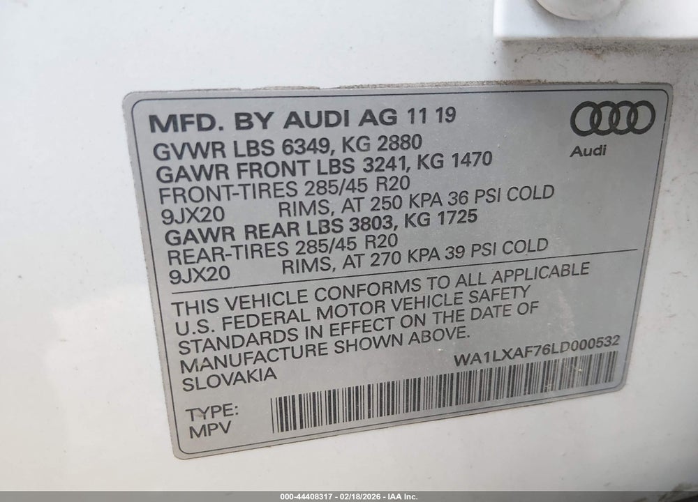 2020 AUDI Q7 PREMIUM PLUS 55 TFSI QUATTRO TIPTRONIC VIN: WA1LXAF76LD000532