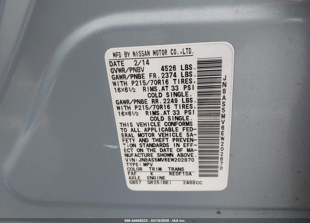 2014 NISSAN ROGUE SELECT S VIN: JN8AS5MV6EW202870