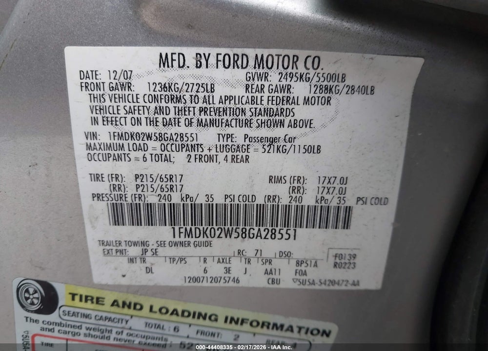 2008 FORD TAURUS X SEL VIN: 1FMDK02W58GA28551