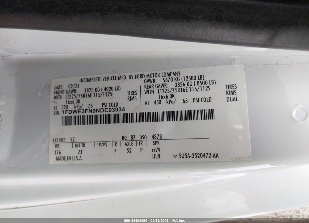 2022 FORD E-350 CUTAWAY VIN: 1FDWE3FN9NDC03934