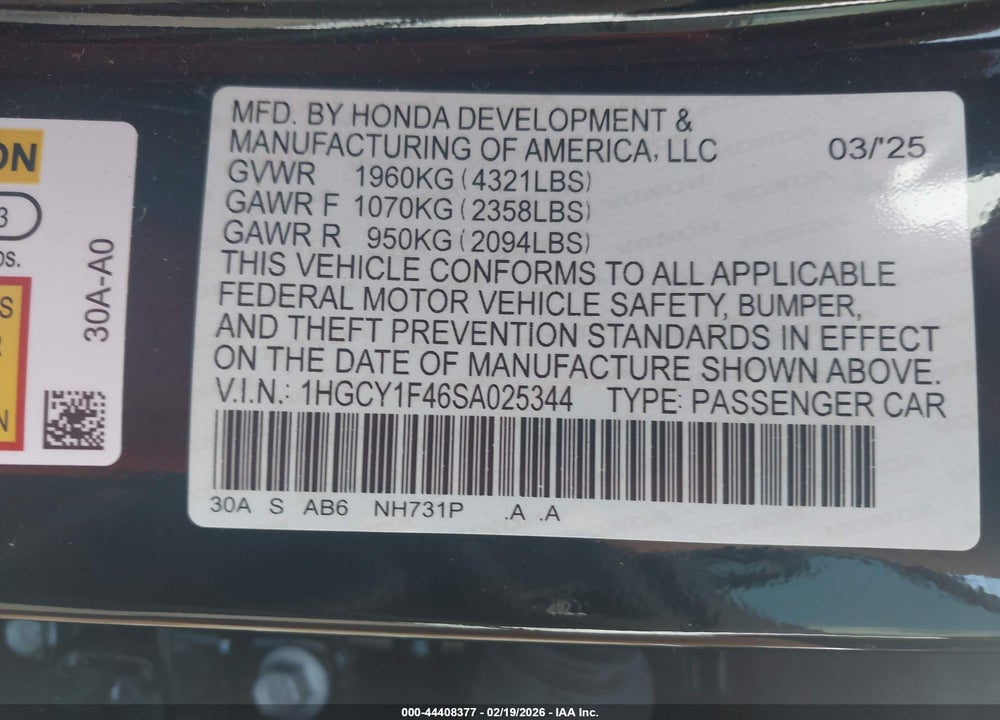 2025 HONDA ACCORD SE VIN: 1HGCY1F46SA025344