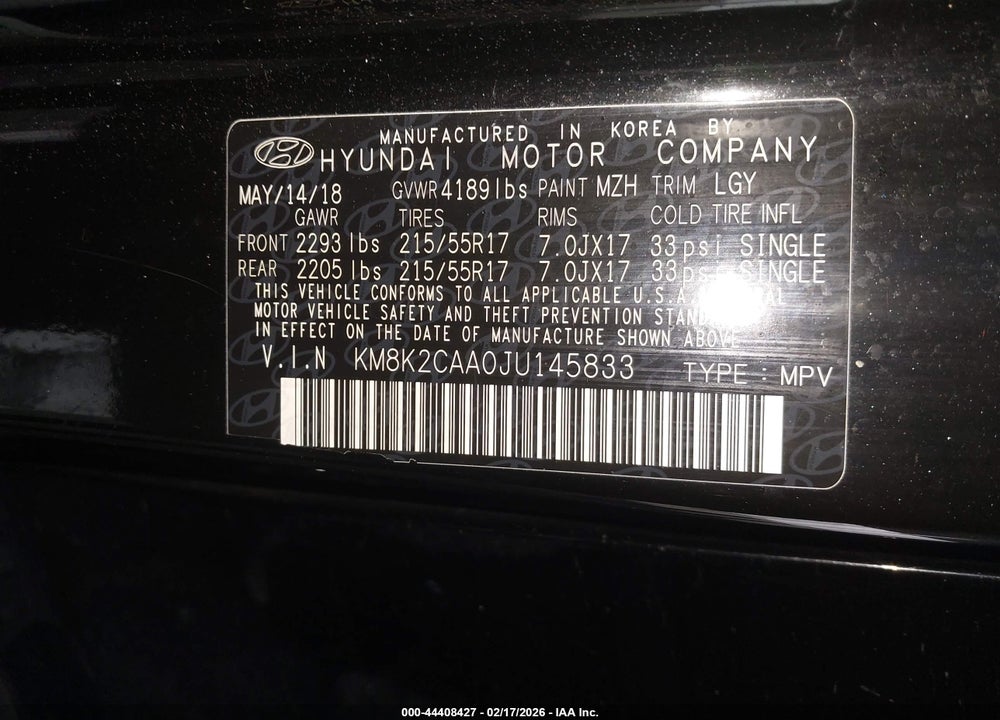 2018 HYUNDAI KONA SEL VIN: KM8K2CAA0JU145833