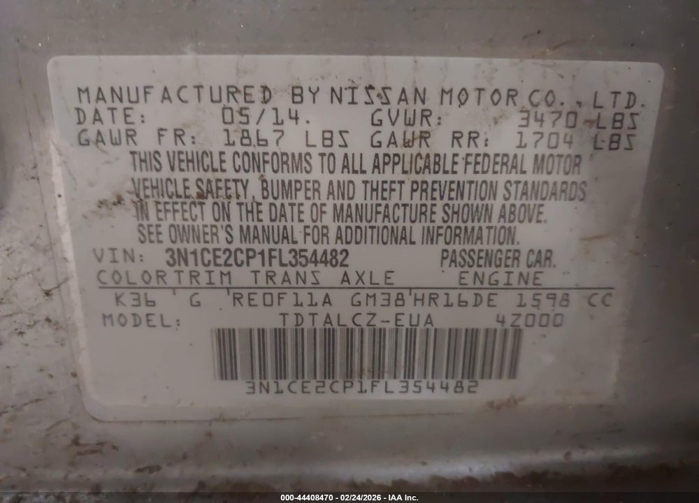 2015 NISSAN VERSA NOTE S PLUS VIN: 3N1CE2CP1FL354482