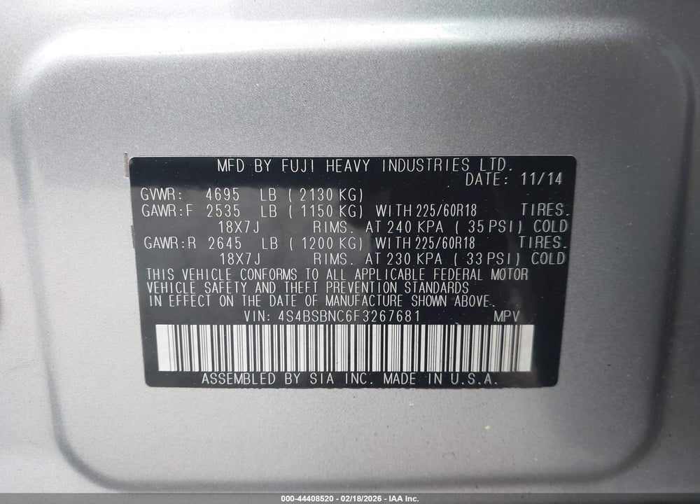 2015 SUBARU OUTBACK 2.5I LIMITED VIN: 4S4BSBNC6F3267681