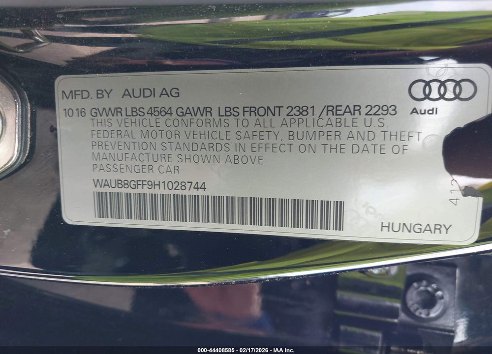 2017 AUDI A3 2.0T PREMIUM VIN: WAUB8GFF9H1028744
