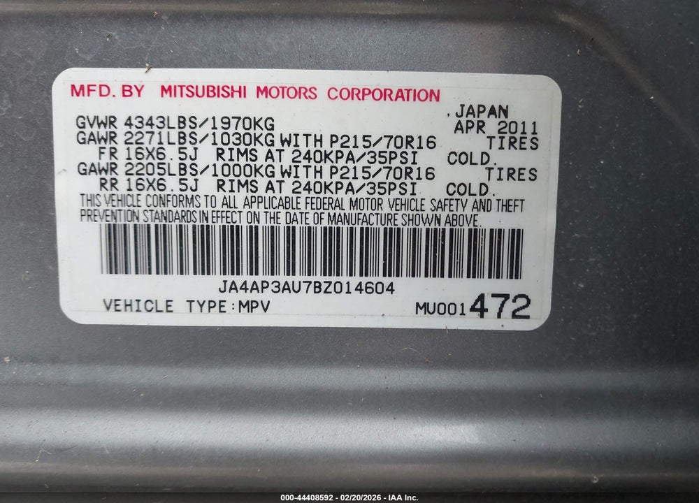 2011 MITSUBISHI OUTLANDER SPORT ES VIN: JA4AP3AU7BZ014604