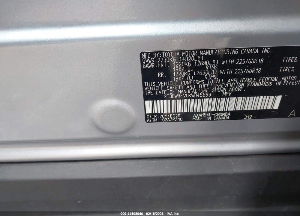 2019 TOYOTA RAV4 HYBRID XSE VIN: 2T3EWRFV0KW045689