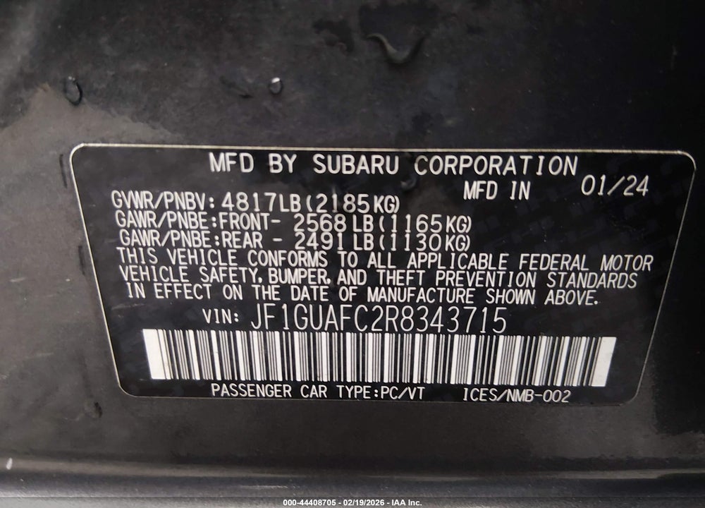 2024 SUBARU IMPREZA SPORT 5-DOOR VIN: JF1GUAFC2R8343715