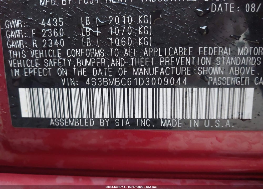 2013 SUBARU LEGACY 2.5I PREMIUM VIN: 4S3BMBC61D3009044