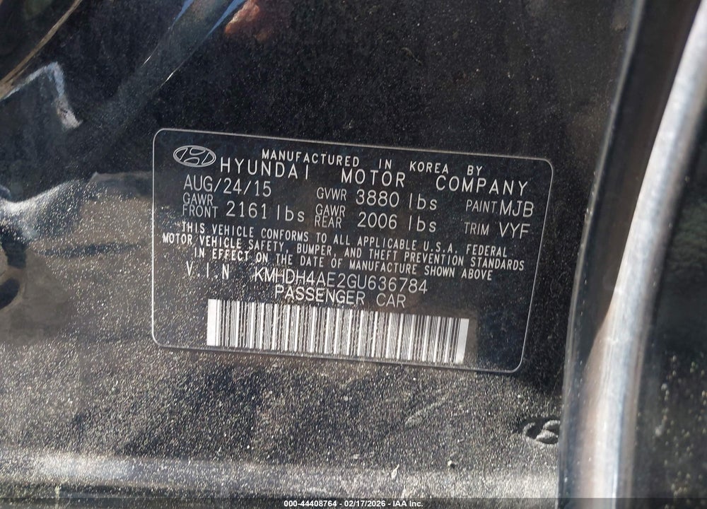 2016 HYUNDAI ELANTRA VALUE EDITION VIN: KMHDH4AE2GU636784