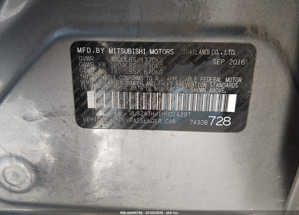 2017 MITSUBISHI MIRAGE ES VIN: ML32A3HJ1HH014297