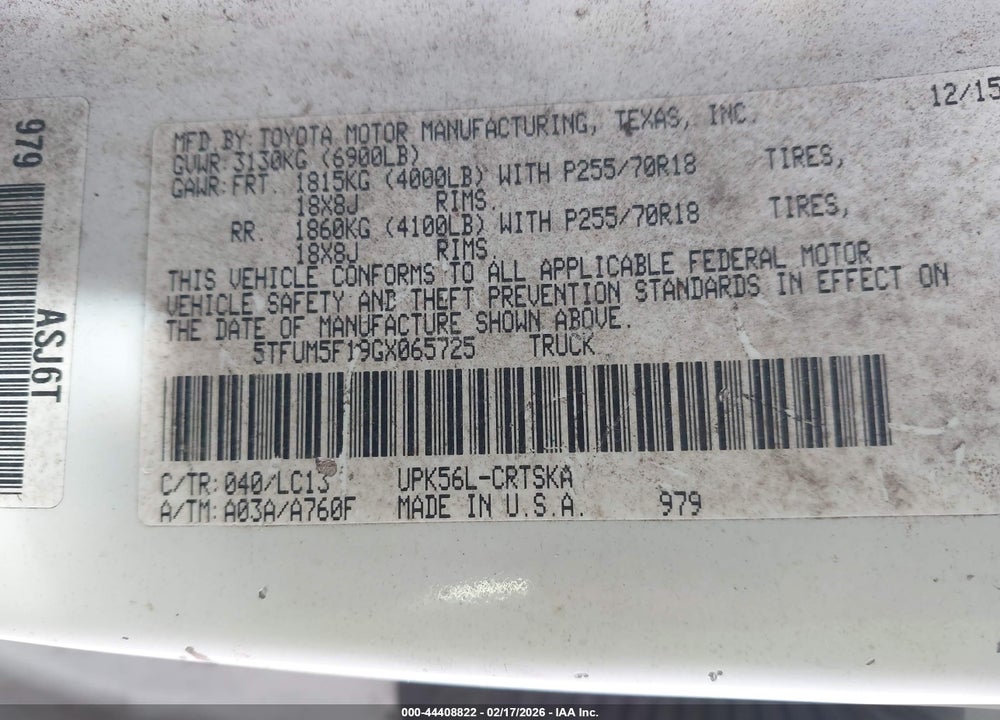 2016 TOYOTA TUNDRA SR 4.6L V8 VIN: 5TFUM5F19GX065725