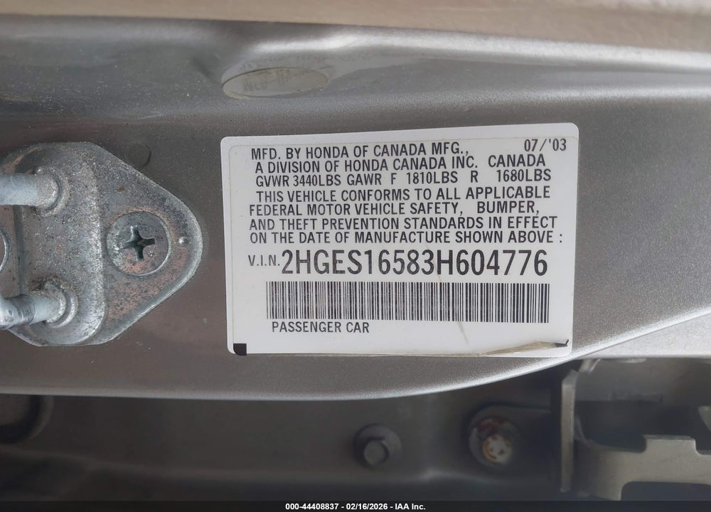 2003 HONDA CIVIC LX VIN: 2HGES16583H604776