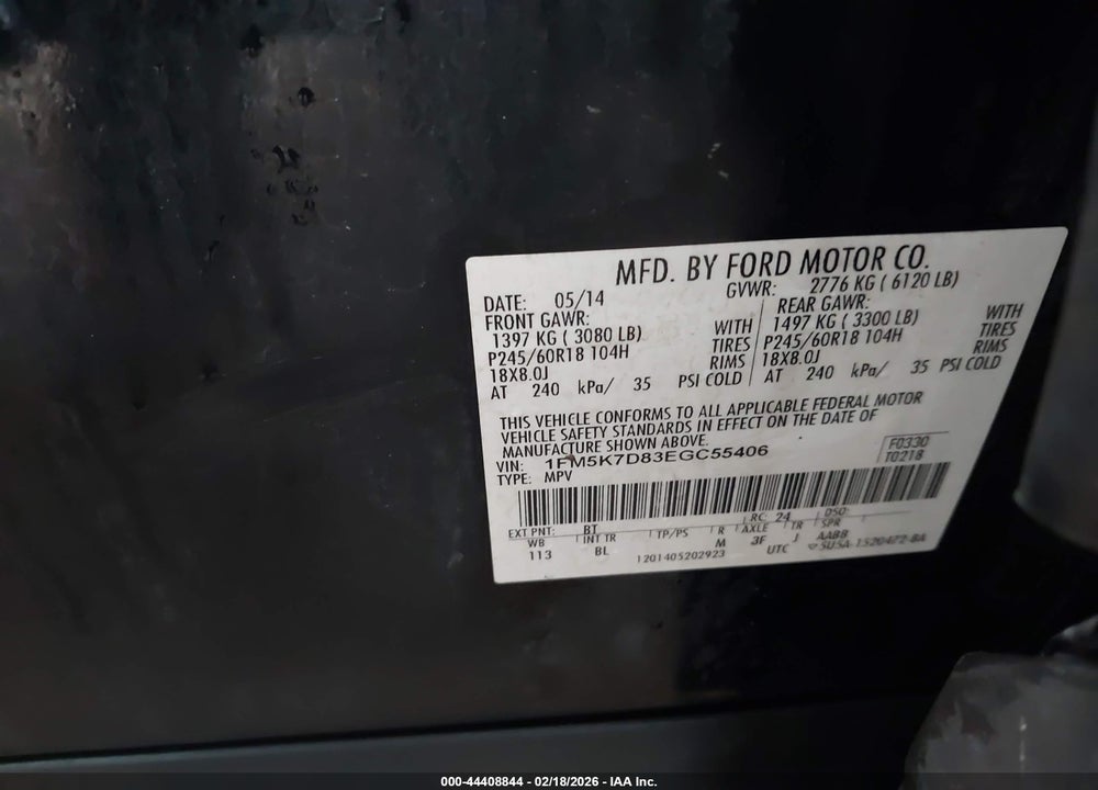 2014 FORD EXPLORER XLT VIN: 1FM5K7D83EGC55406