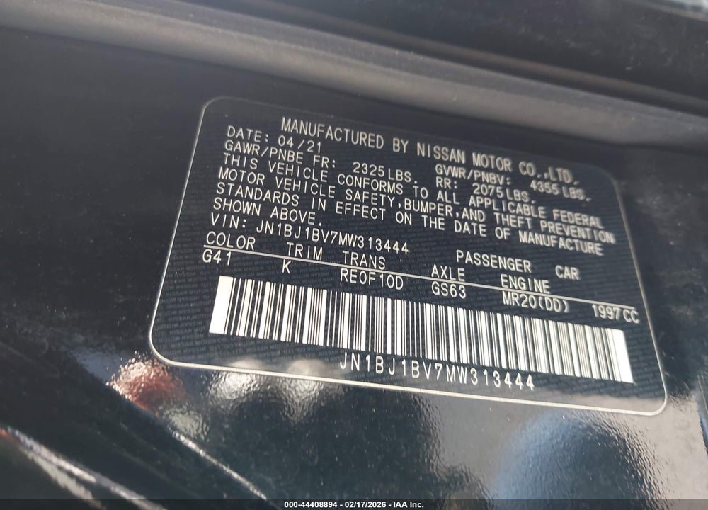 2021 NISSAN ROGUE SPORT SV FWD XTRONIC CVT VIN: JN1BJ1BV7MW313444