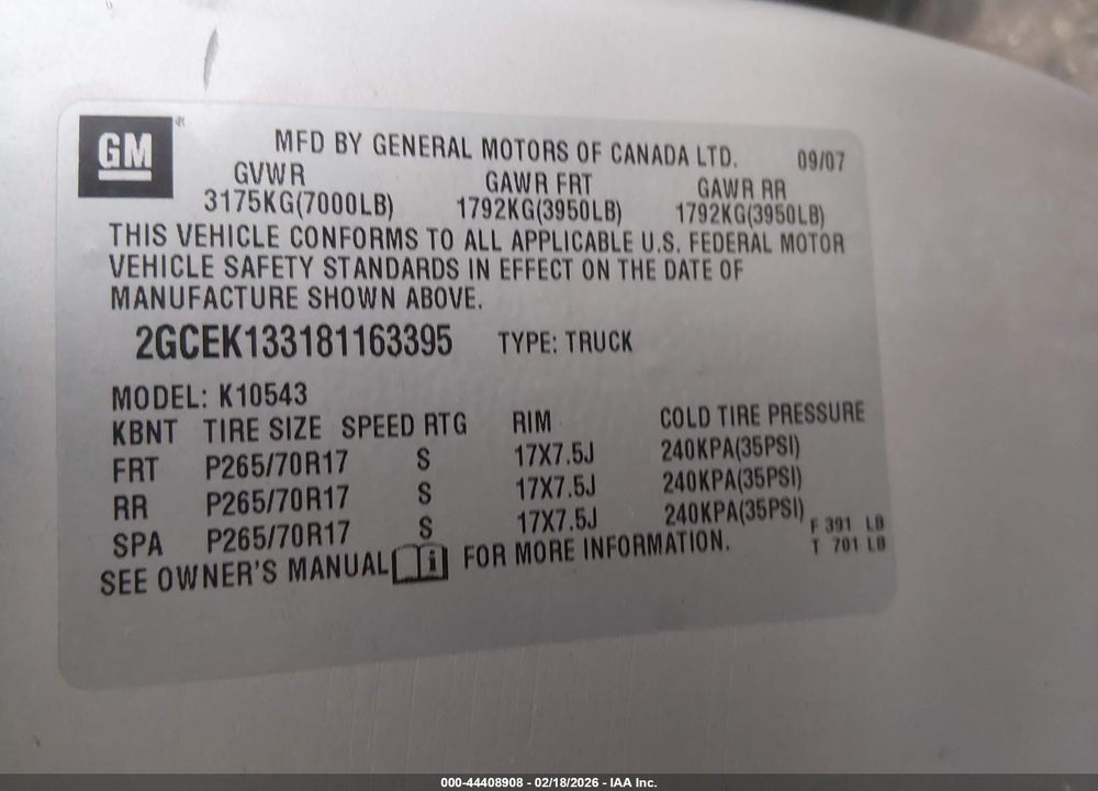 2008 CHEVROLET SILVERADO 1500 LT1 VIN: 2GCEK133181163395