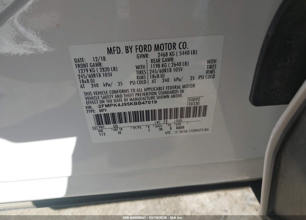 2019 FORD EDGE SEL VIN: 2FMPK4J95KBB47019