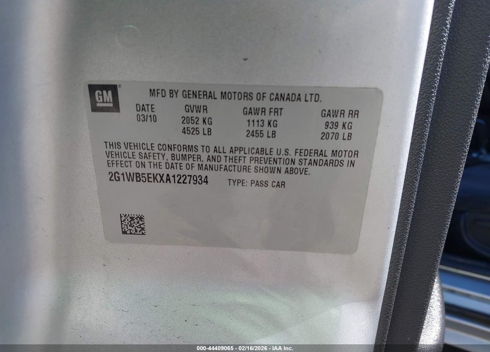 2010 CHEVROLET IMPALA LT VIN: 2G1WB5EKXA1227934