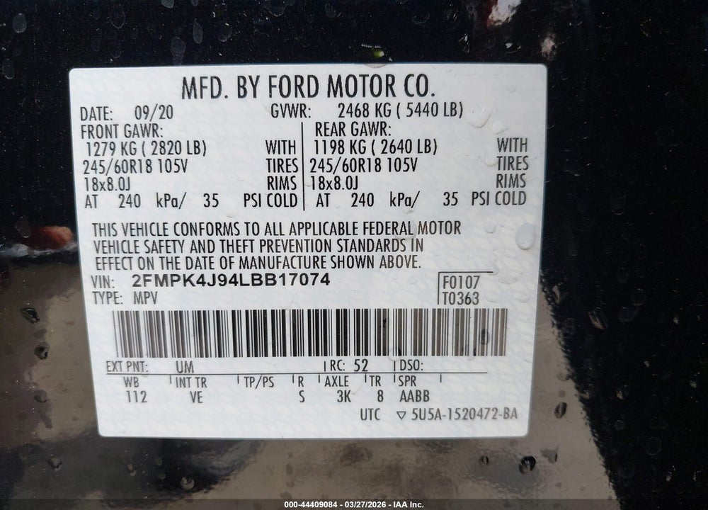 2020 FORD EDGE SEL VIN: 2FMPK4J94LBB17074