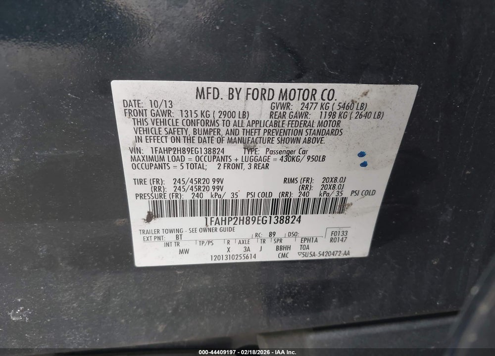 2014 FORD TAURUS SEL VIN: 1FAHP2H89EG138824