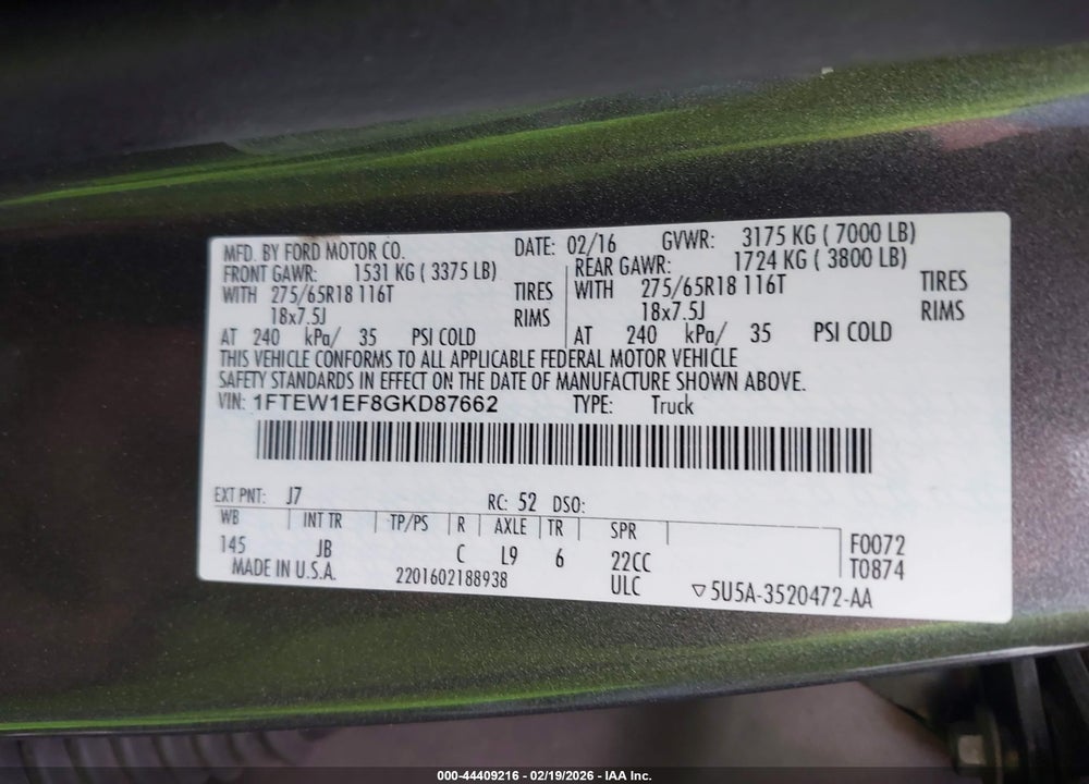 2016 FORD F-150 XLT VIN: 1FTEW1EF8GKD87662