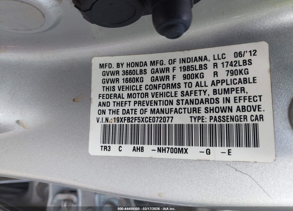 2012 HONDA CIVIC LX VIN: 19XFB2F5XCE072077