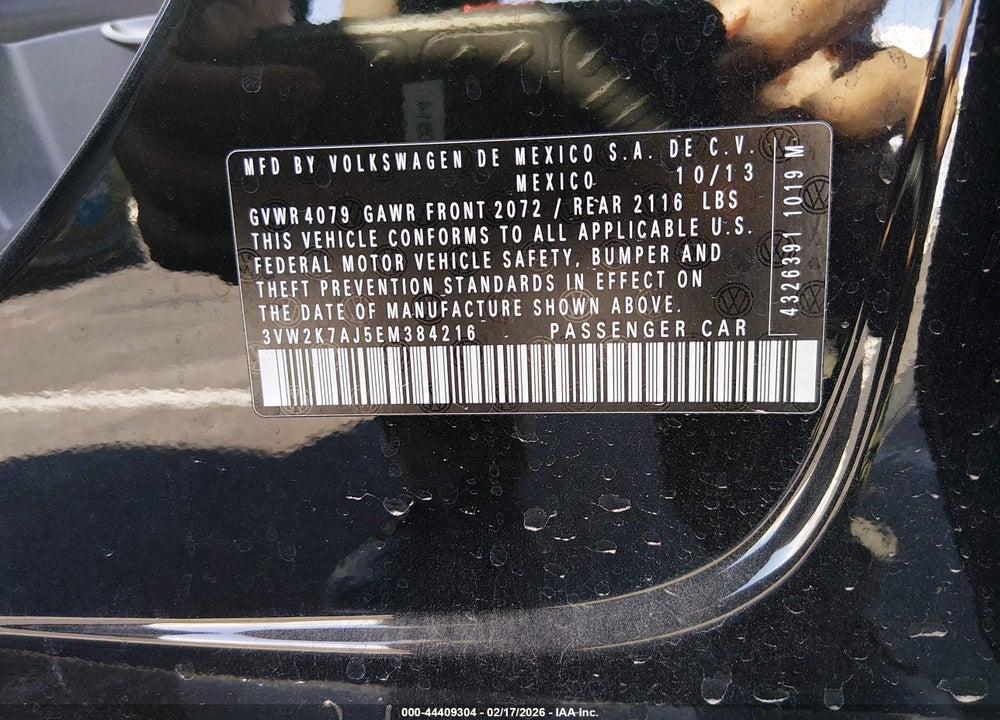 2014 VOLKSWAGEN JETTA 2.0L S VIN: 3VW2K7AJ5EM384216