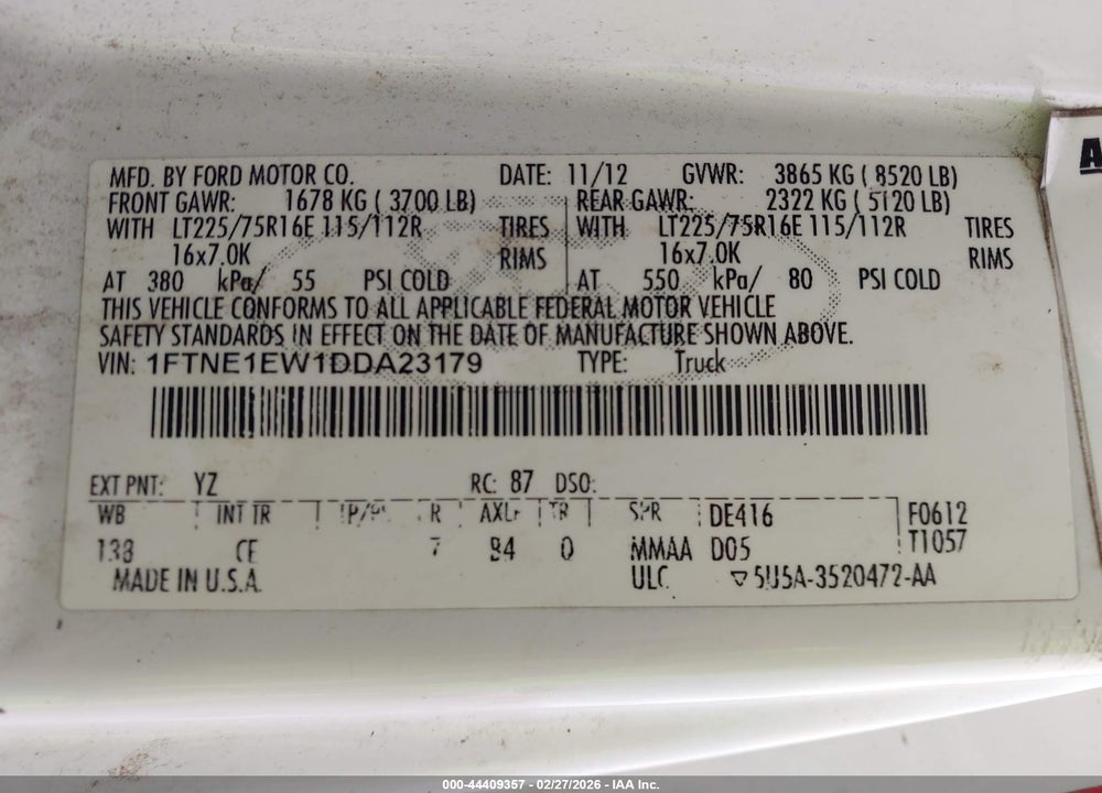 2013 FORD E-150 COMMERCIAL VIN: 1FTNE1EW1DDA23179