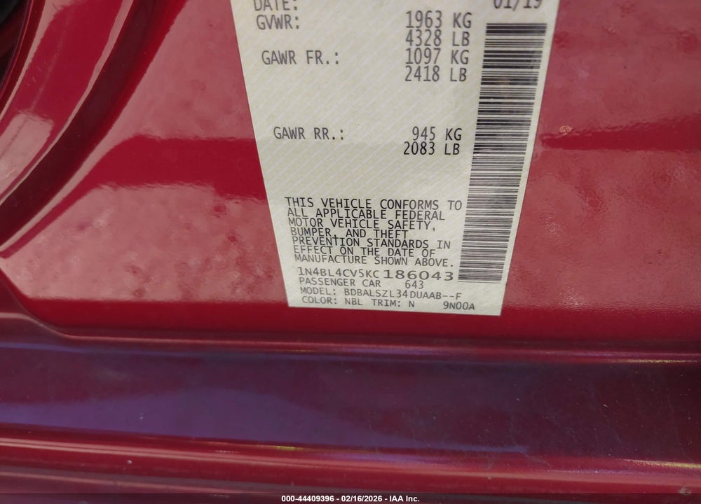 2019 NISSAN ALTIMA 2.5 SR VIN: 1N4BL4CV5KC186043