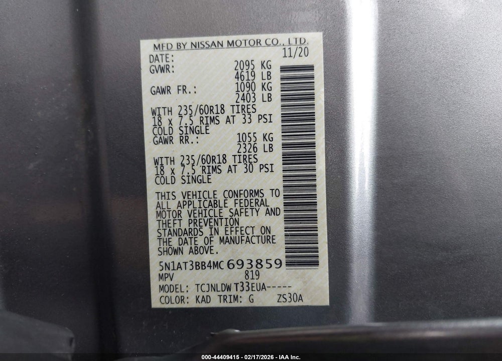 2021 NISSAN ROGUE SV INTELLIGENT AWD VIN: 5N1AT3BB4MC693859