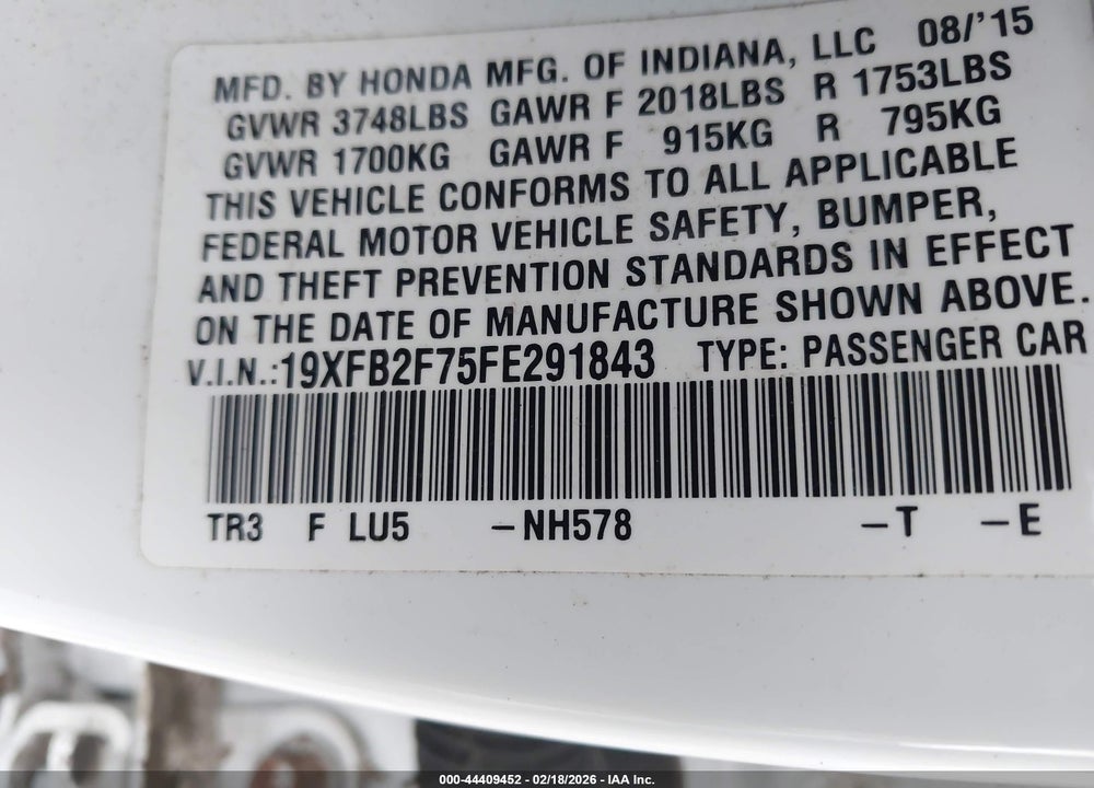 2015 HONDA CIVIC SE VIN: 19XFB2F75FE291843