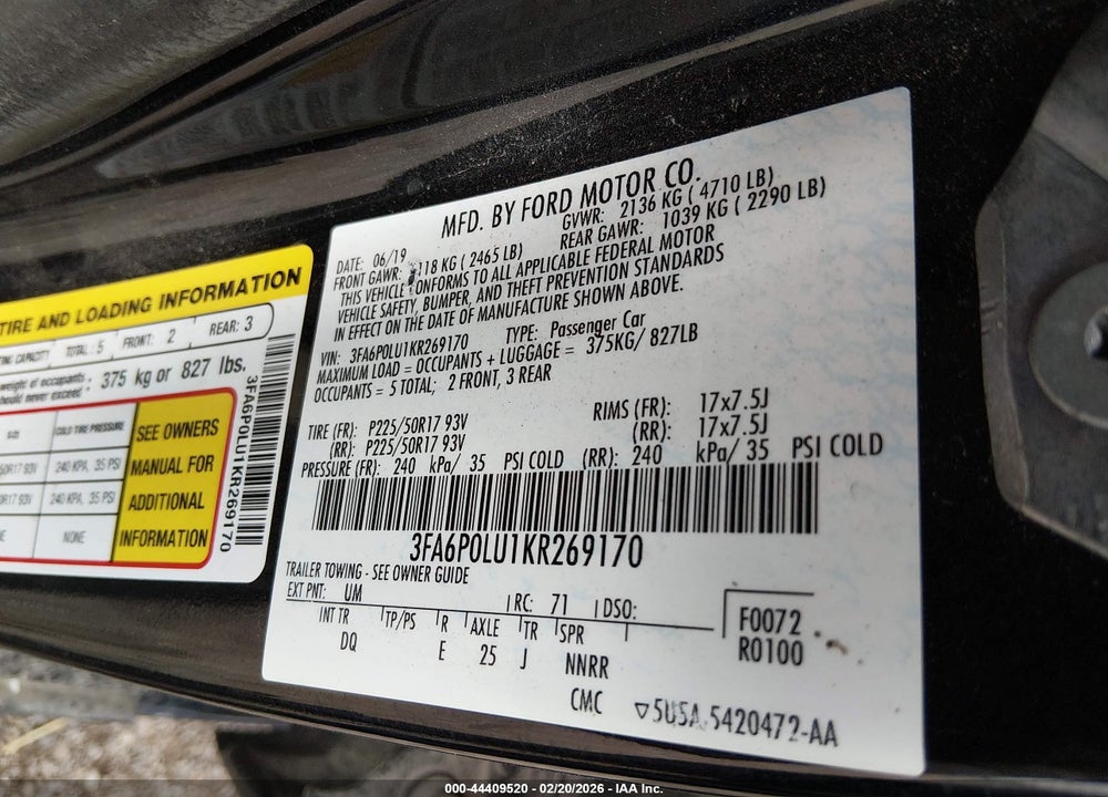 2019 FORD FUSION HYBRID SE VIN: 3FA6P0LU1KR269170
