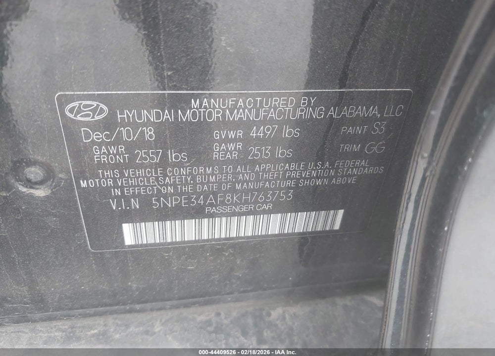 2019 HYUNDAI SONATA SEL VIN: 5NPE34AF8KH763753