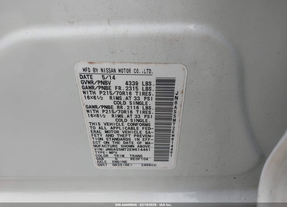 2014 NISSAN ROGUE SELECT S VIN: JN8AS5MT2EW614461