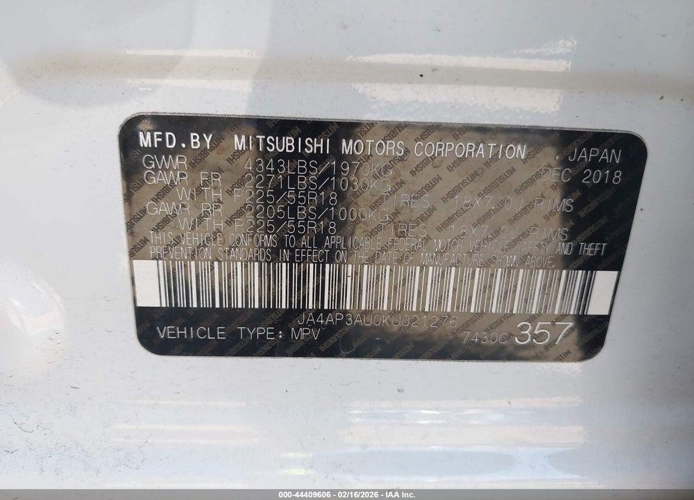 2019 MITSUBISHI OUTLANDER SPORT 2.0 ES/2.0 LE/2.0 SP VIN: JA4AP3AU0KU021276