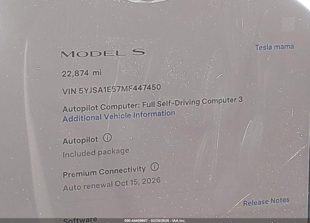 2021 TESLA MODEL S LONG RANGE DUAL MOTOR ALL-WHEEL DRIVE VIN: 5YJSA1E57MF447450