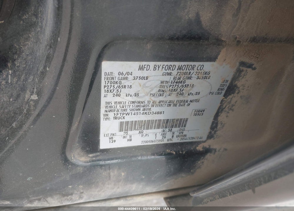 2004 FORD F-150 FX4/LARIAT/XLT VIN: 1FTPW14514KD34881