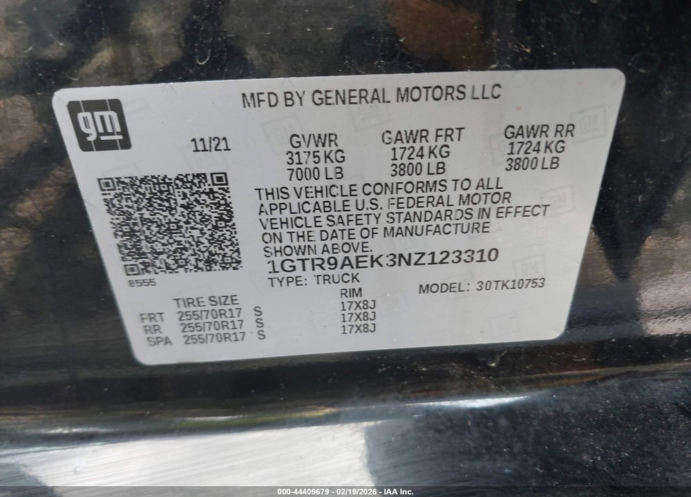 2022 GMC SIERRA 1500 LIMITED 4WD  STANDARD BOX PRO VIN: 1GTR9AEK3NZ123310