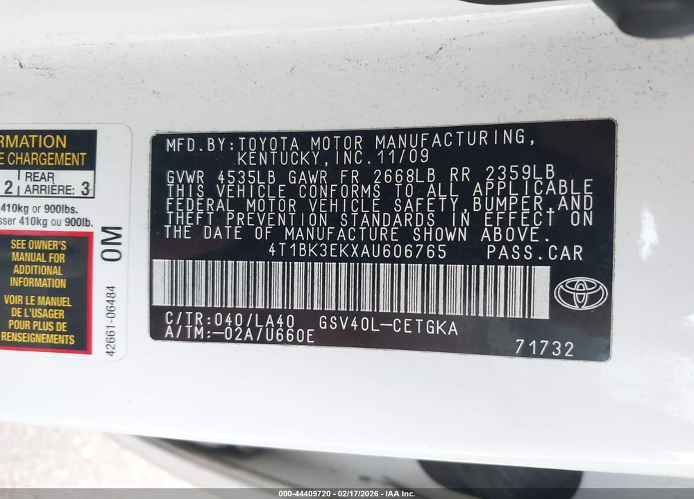 2010 TOYOTA CAMRY XLE V6 VIN: 4T1BK3EKXAU606765