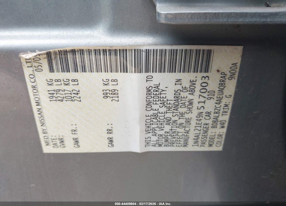 2009 NISSAN ALTIMA 2.5 S VIN: 1N4AL21E49N517003