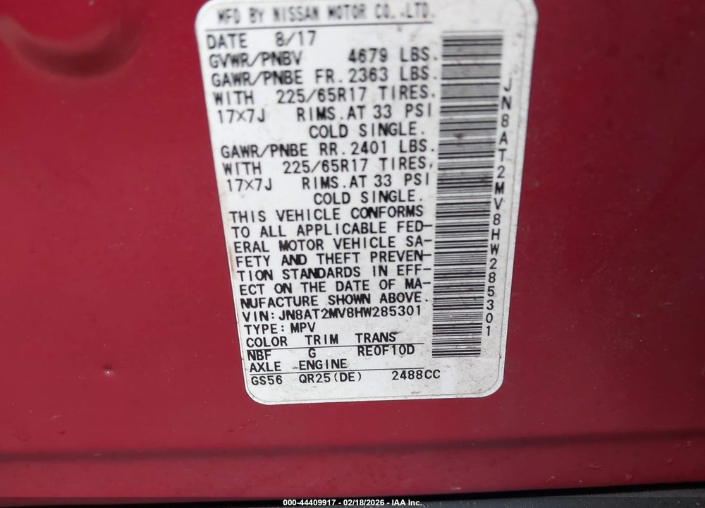 2017 NISSAN ROGUE SV VIN: JN8AT2MV8HW285301