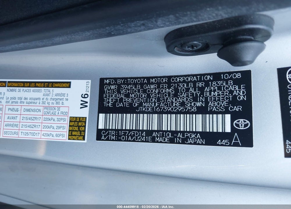 2009 SCION TC VIN: JTKDE167390295758